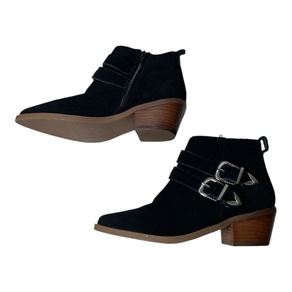 Steve Madden Women’s Niall Black Cow Suede Western Buckle Ankle Boots - Picture 5 of 12